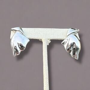 Modernist Trifari Earrings Silver Tone Sculptural Brutalist Molten Vintage 80s